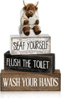Moucuny 4 Pcs Highland Cow Bathroom Decor Set Funny Rustic Wooden Tiered Tray by Moucuny