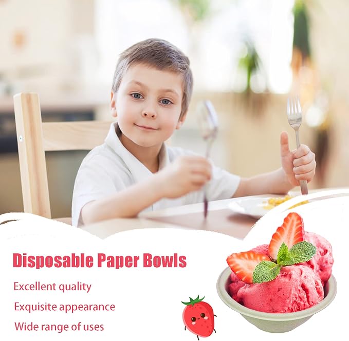 100 Pack 8oz Compostable Paper Bowls, Heavy-Duty Disposable Natural Bagasse - Image 5