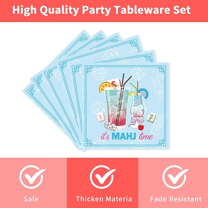 96 Pcs Mahjong Party Decorations, Mah Jong Cocktail Theme Plates Napkins Forks - Image 4