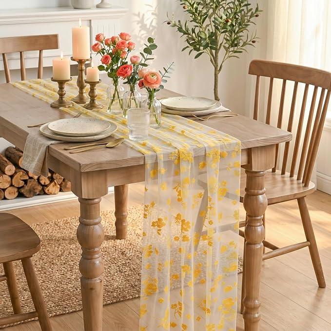 Artoid Mode White Gauze Flocking Yellow Flowers Table Runner 10FT, Spring Sheer - Image 4