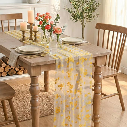 Artoid Mode White Gauze Flocking Yellow Flowers Table Runner 10FT, Spring Sheer - Image 4