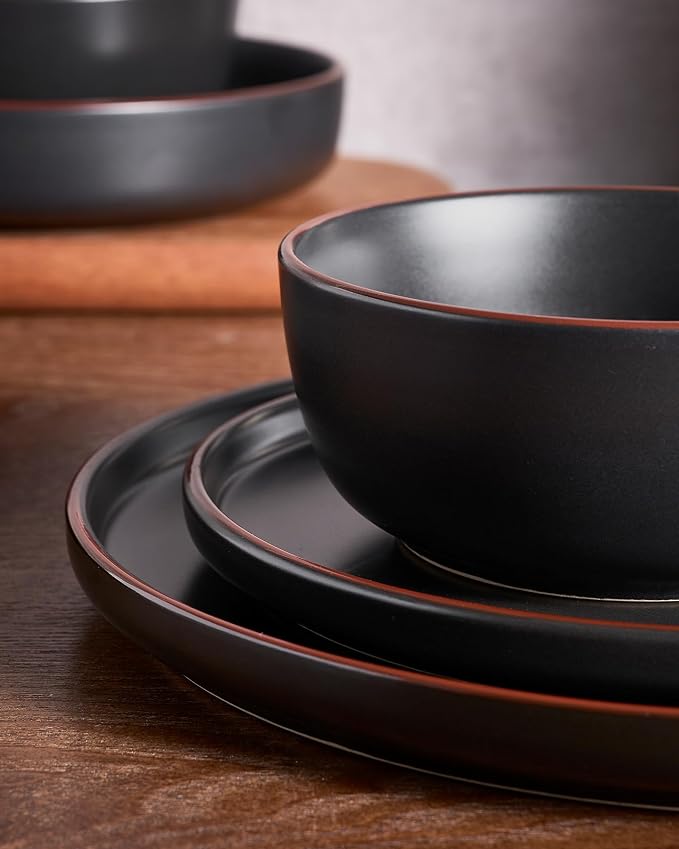 Famiware Mercury 18-Piece Stoneware Dinnerware Set, Matte Black | Plates and - Image 4