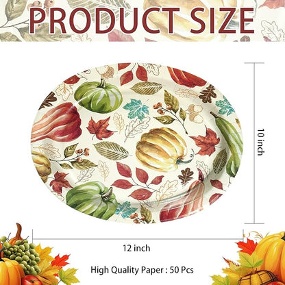 50 Pcs Fall Oval Paper Plates 10" x 12" Large Vintage Red Green Pumpkin Plates Disposable Heavy Duty Thanksgiving Platter for Fall Thanksgiving Party Decoration Holiday Harvest Festival Party Supplies