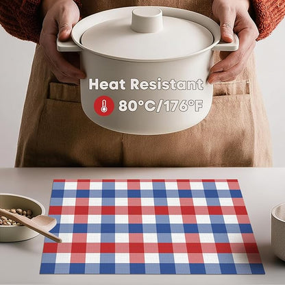Artoid Mode Buffalo Plaid Vinyl Placemats Set of 4, 12x18 Inch Washable Non-Slip Heat Resistant Plastic Place Mats for Party Dining Table, Blue/Red