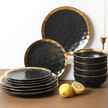 vicrays Ceramic Dessert Salad Plates, 8 Inch, Set of 6, Round, Dishwasher Safe, NOT Microwave Safe, Scratch Resistant, Suitable for Appetizer, Home, Restaurant (Black with Golden)