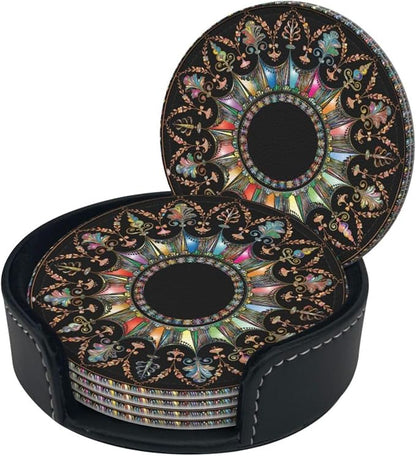 Drink Coasters with Holder Stand Set of 6, Mandala Flourish Floral Pu Leather - Image 8