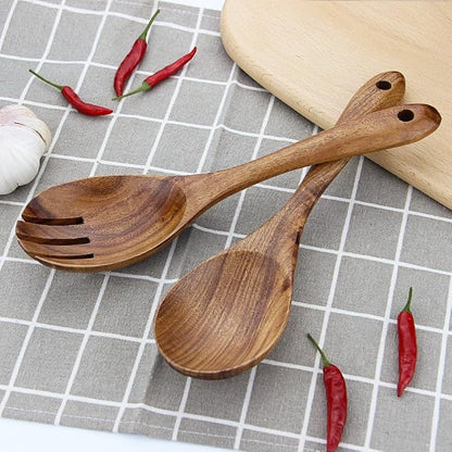 Wooden Salad Servers, 10.2" Acacia Wood Salad Fork & Spoon - Image 4