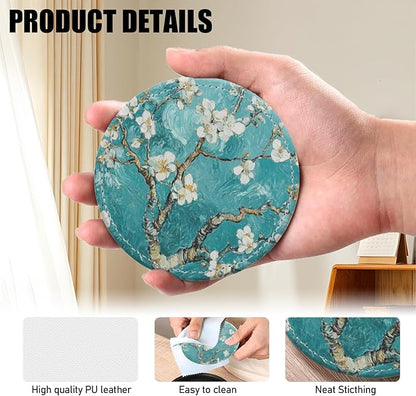 Coasters for Drinks PU Leather,Set of 6 with Holder,Round Housewarming Gift Home Decor,Teal Green Almond Flowers