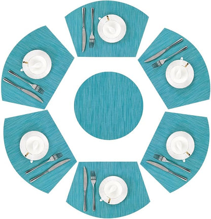SHACOS Round Table Placemats Set of 7 Woven Vinyl Wedge Placemats with Centerpiece Heat Resistant Table Mats Wipe Clean (7, Teal Blue)