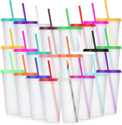 24 Pack Plastic Tumblers with Lids and Straw, Reusable Cups with Lids and by LEIFEOSH