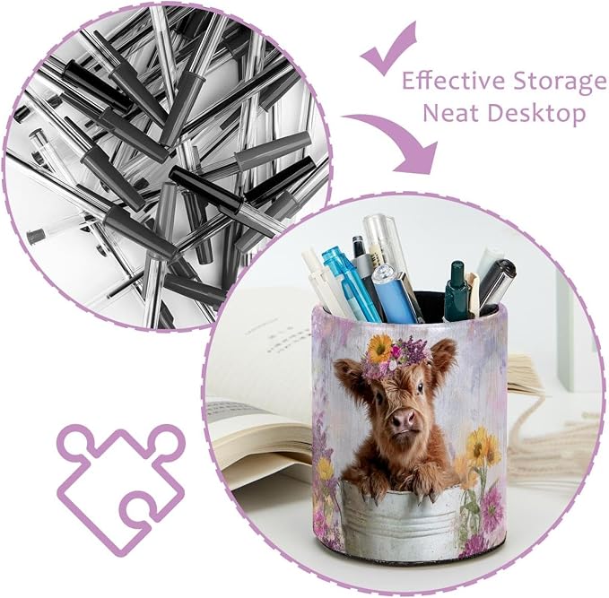 Leather Pen Holder for Desk, Highland Cow Purple Flower Pencil Cup Pen - Image 4
