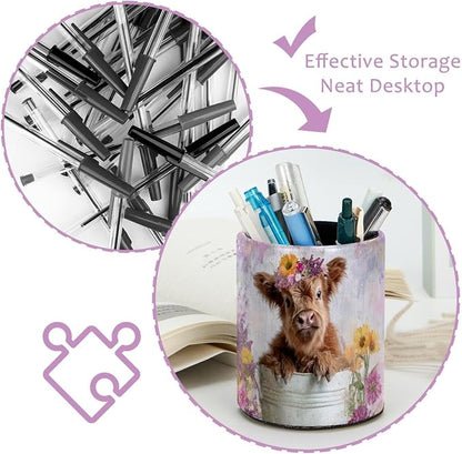 Leather Pen Holder for Desk, Highland Cow Purple Flower Pencil Cup Pen - Image 4