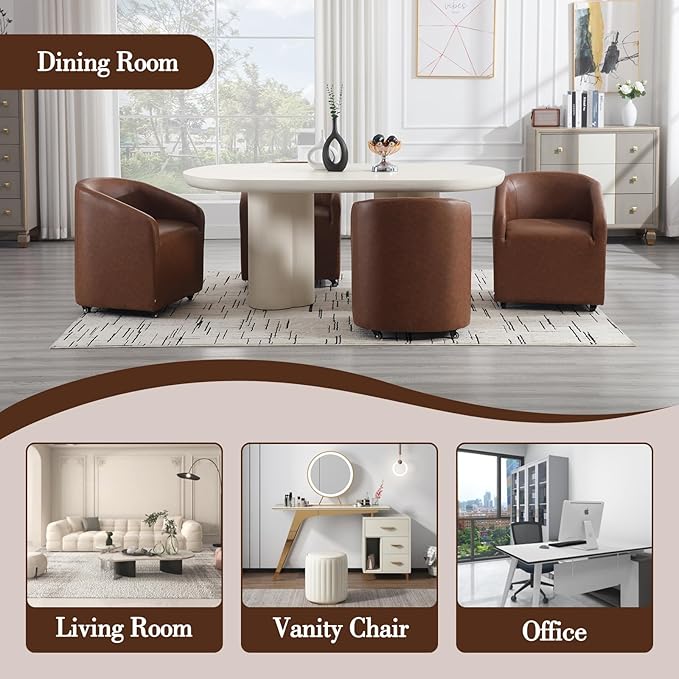Modern Barrel Dining Chairs with Rolling Casters Set of 4, Upholstered PU Leather Swivel Dining Room Chairs with Wheels for Kitchen Living Room Home Office, Brown