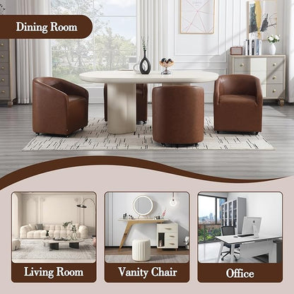 Modern Barrel Dining Chairs with Rolling Casters Set of 2, Upholstered PU Leather Swivel Dining Room Chairs with Wheels for Kitchen Living Room Home Office, Brown