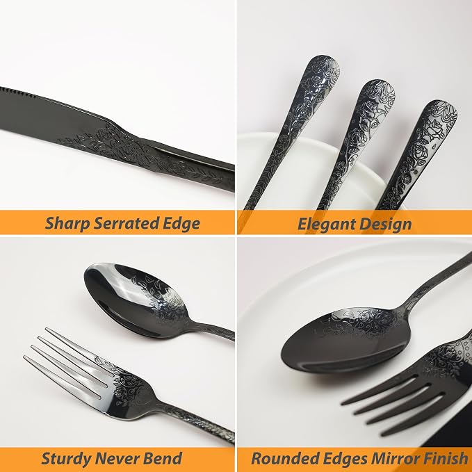 Runfly Modern Carved Floral Black Stainless Steel 20-Piece Flatware Set | - Image 2