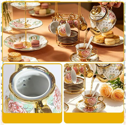 CHANJOON Gold Plated Red Rose Ceramic Tea Set, Vintage Tea Sets - Image 5