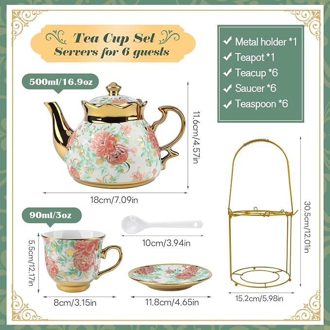 20 Pcs Porcelain Tea Set with Metal Holder, Adult Tea Set Gift, European - Image 2