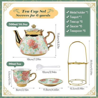 20 Pcs Porcelain Tea Set with Metal Holder, Adult Tea Set Gift, European - Image 2