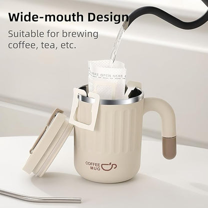 16oz Insulated Coffee Mugs - Ideal for Indoor Office Use. Features SUS 304 Inner, Double Wall Insulation, Detachable Silicone Ring. 3 Drinking Options. Available in White, Brown, Pink (White)