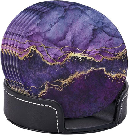 6 Pcs Purple Marble Abstract Gold Leather Coasters - Image 6