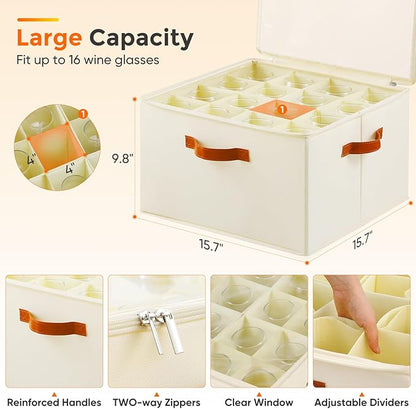 Wine Glass Storage Box with Dividers, 2 Pack Glassware Storage Containers, Stemware Storage Cases Holds 32 Wine Glasses, Stackable Crystal Storage Containers with Clear Cover for Moving，Beige
