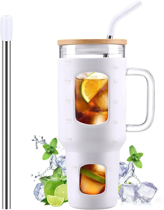 WINSA Glass Tumbler with Straw and Lid, 40 oz, Glass Water Bottles with Time by WINSA