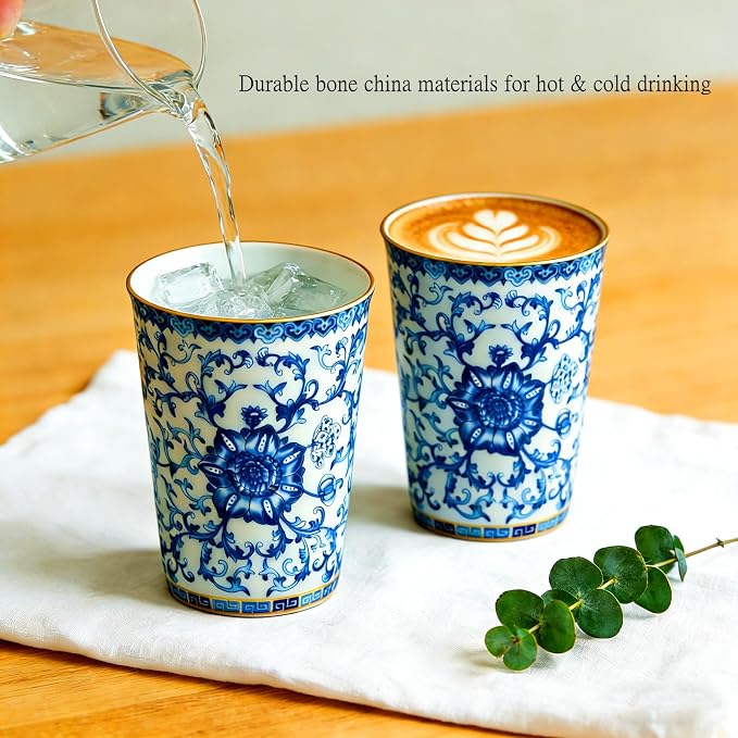 Blue and White Porcelain Coffee Cups, 9 oz Floral Tea Cups Set of 2 | No Handles - Image 2