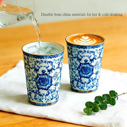 Blue and White Porcelain Coffee Cups, 9 oz Floral Tea Cups Set of 2 | No Handles - Image 2