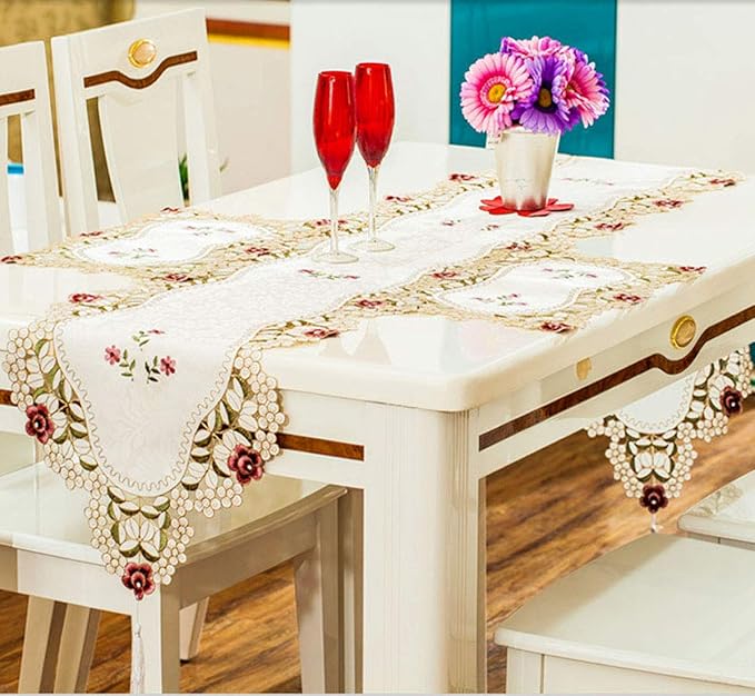 LeLehome 15 Inch X 58 Inch Classic Beige Table Runner, Flowers Embroidered Red - Image 7