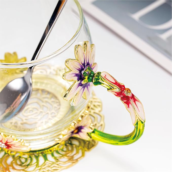 Flower Tea Cup, Daisy Flower Clear Glass Fancy Coffee Cup - Image 4