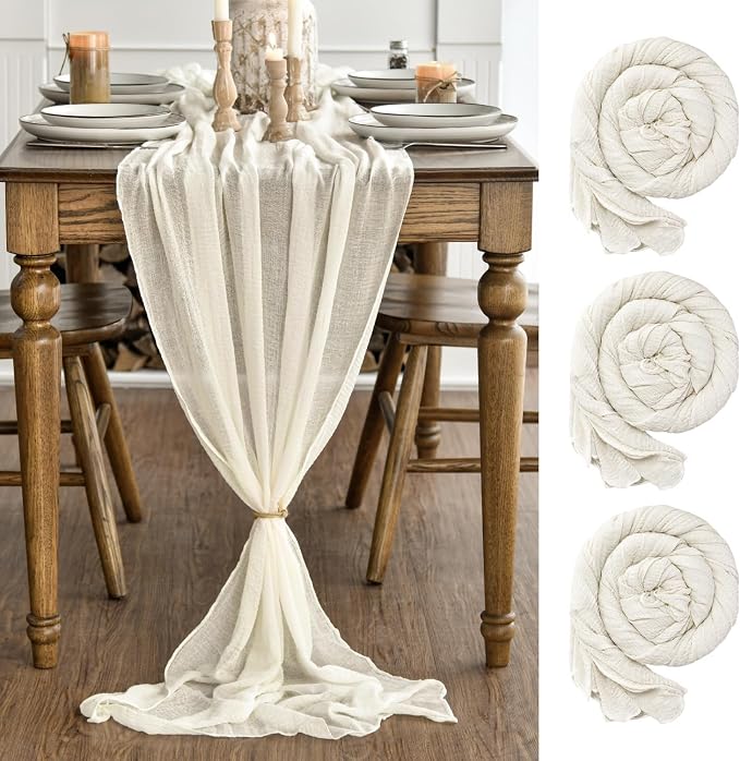 Artoid Mode Boho Beige Gauze 3 Pieces Wedding Table Runner, 120 Inch Birthday by ArtoidMode