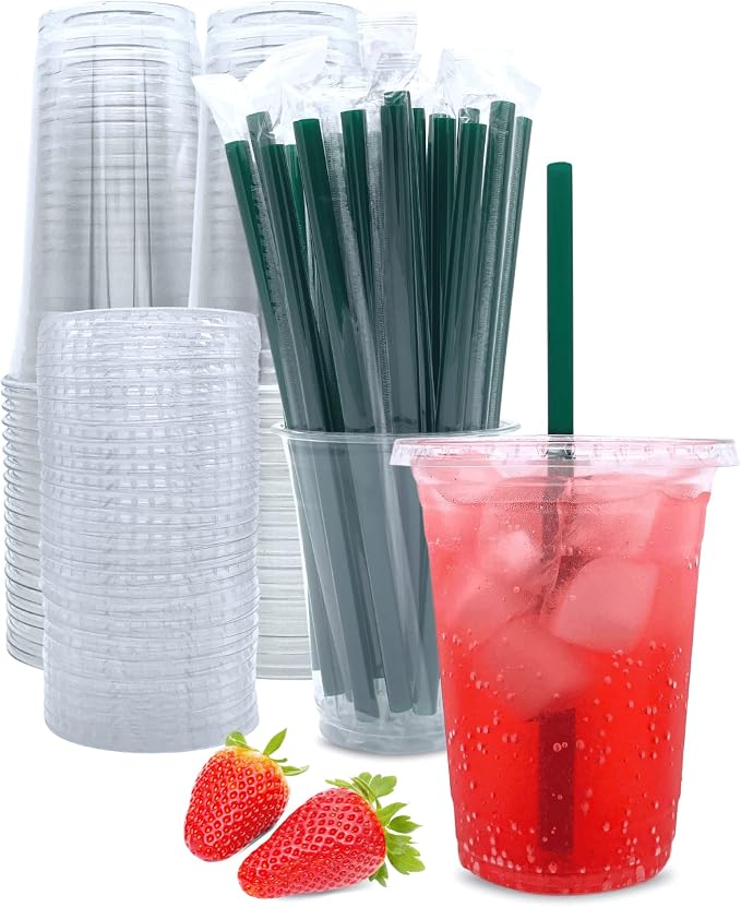 16 oz Clear Plastic Cups with Lids and Straws, Disposable Coffee Cups 25 Sets by Aatriet
