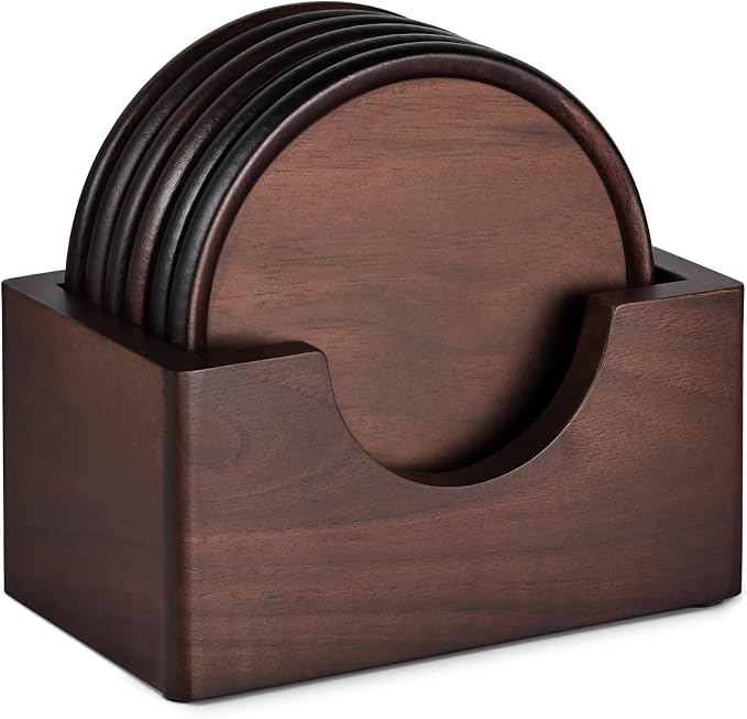 Wood Coasters with Holder, GOH DODD Set of 6 Walnut Wooden Coaster Tabletop by GOHDODD