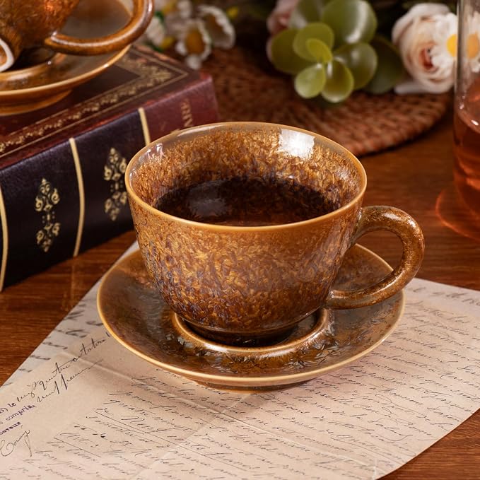 KAMMAK Tea Cups and Saucers Set of 2, 4.3 oz Glaze Coffee Mugs, 807N | - Image 4
