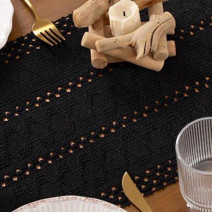 DeZerlor Black Boho Macrame Farmhouse Woven Table Runner 108Inch | Cotton Linen - Image 5