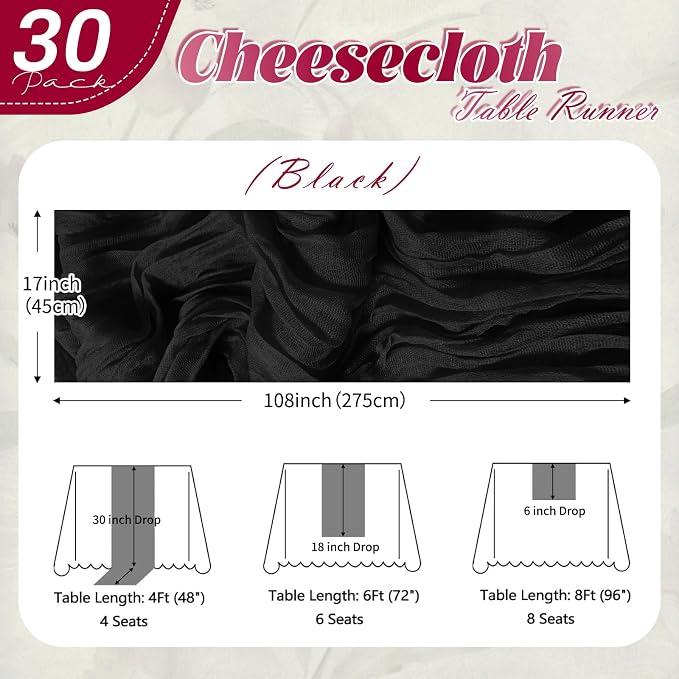 30 Pack Black Cheesecloth Table Runner 17 x 108 inch Cheese Cloth Table Runners - Image 2