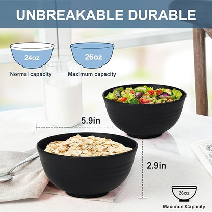 Ramen Bowl 26oz, Unbreakable Wheat Straw Bowls Sets of 6, Plastic Bowl Reusable, Microwave & Dishwasher Safe Cereal Bowls for Kitchen, Dorm, Office- Black