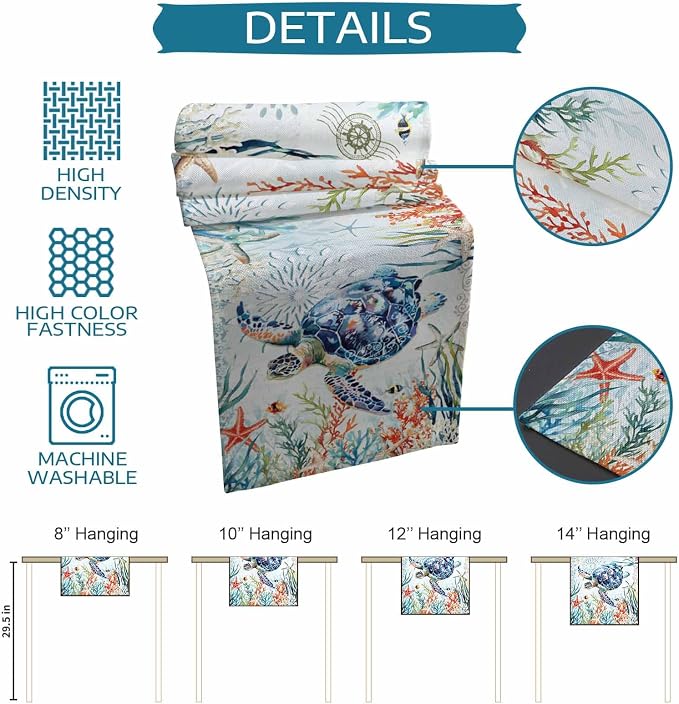 Sea Turtle Coastal Table Runners 70 Inches Long, Summer Beach Coral Table - Image 8