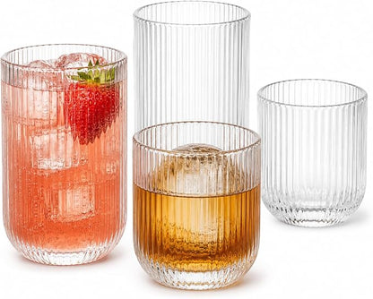Ribbed Drinking Glasses 4pcs, Rocks Drinking Glasses 12oz and 10oz, Tumbler by Lumkit