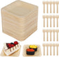 100 Pcs Disposable Palm Leaf Bowls, Square Bamboo Appetizer Plates, Compostable Wood Plates with Bamboo Forks for Birthday Wedding Party, Dessert, Catering and Home Use (4.4 x 4.4x0.5 Inch)