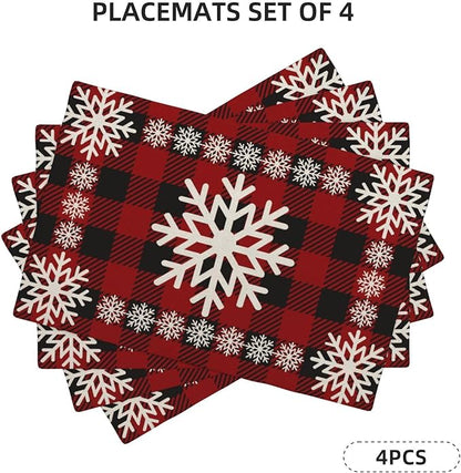 Christmas Placemats Set of 4 Vintage Red Black Buffalo Plaid Snowflake Decor Place Mats 12x18 Inch Xmas Winter Holiday Decorative Linen Table Mats for Home Kitchen Dining Party Table Decoration