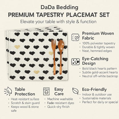 DaDa Bedding Woven Tapestry Heart Placemats – Set of 4 – Black & Gold Heart Pattern Table Mats for Dining Room – Rustic Farmhouse Valentine’s Day Decor & Everyday Kitchen Table Setting – 13" x 19"