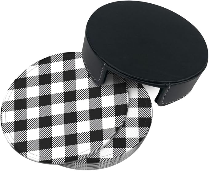 6 Pcs Black and White Buffalo Check Plaids Leather Coasters - Image 5