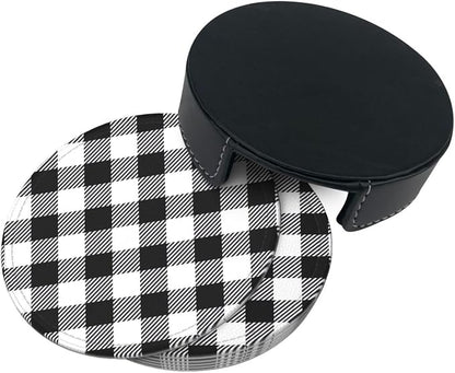 6 Pcs Black and White Buffalo Check Plaids Leather Coasters - Image 5