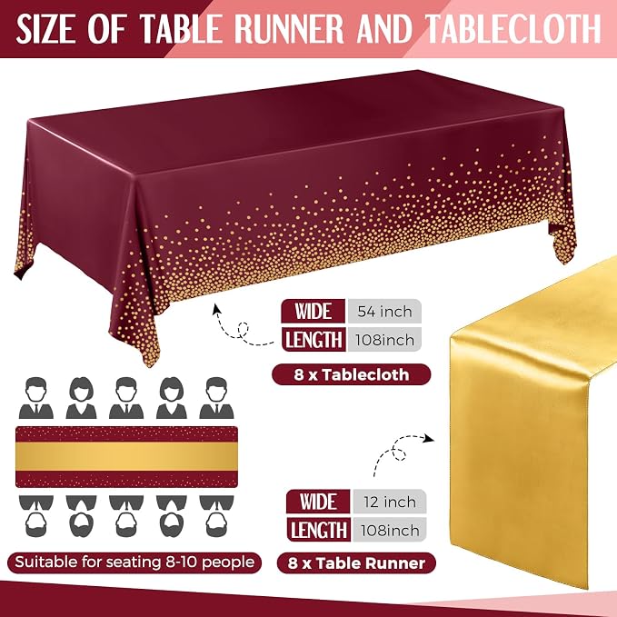 16 Pack Burgundy and Gold Disposable Plastic Tablecloths and Satin Table Runner - Image 2
