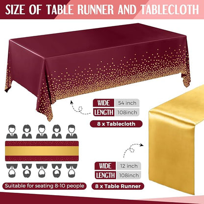 16 Pack Burgundy and Gold Disposable Plastic Tablecloths and Satin Table Runner - Image 2