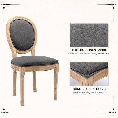 Vintage French Dining Chairs Set of 2, Round Back Accent Chairs with Linen Seat and Solid Wood Frame, Farmhouse Sillas de Comedor Upholstered for Dining Room & Kitchen, Gray