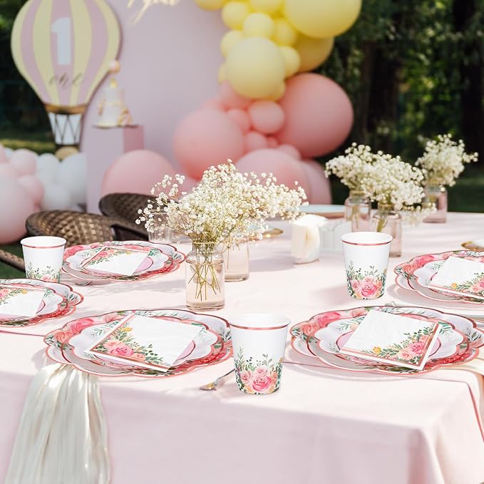 Whaline Floral Tableware Set Pink Flower Rose Gold Foil Disposable Party - Image 4