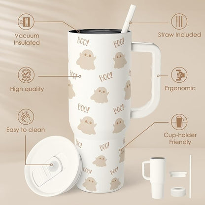 SANDJEST Boo Tumbler with Handle and Straw 40oz – Stainless Sleel Slider - Image 2