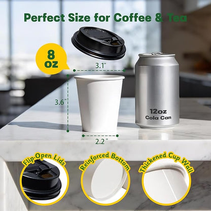 300 Pack 8 oz Disposable Coffee Cups with Lids, Leak-Proof To Go Coffee Cups for Hot/Cold Beverages, Disposable White Paper Cups with Lids for Home Parties, Office, Travel and Events